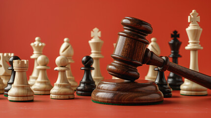 Judge gavel and chess pieces on color background