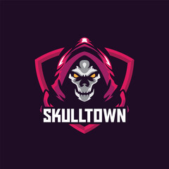 Skull head with a hoodie shield mascot logo esports