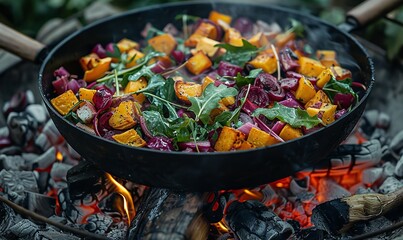 Greens and root vegetables cooking in a pan over hot coals