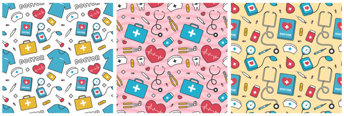Doctors Seamless Pattern Design with Medical Equipment in Template Hand Drawn Cartoon Illustration
