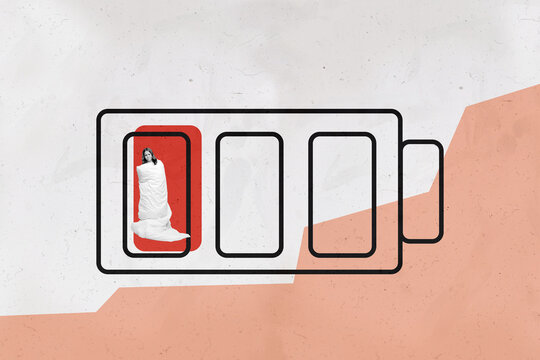 3D photo collage artwork sketch image of silhouette young sleepy laziness lady sleep blanket in battery low level capacity lowbat tired