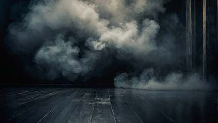 Dark room with smoke, fire.