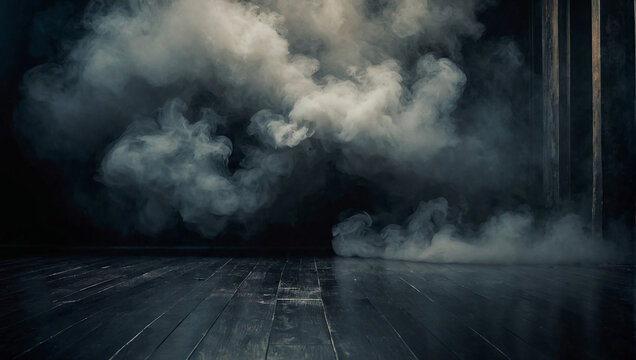 Dark room with smoke, fire.