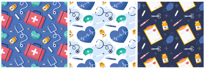 Doctors Seamless Pattern Design with Medical Equipment in Template Hand Drawn Cartoon Illustration