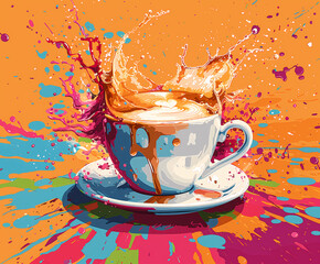 A cup of coffee, ink splash effects