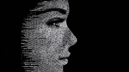 Profil kobiecej twarzy w stylu ascii art, hacker AI