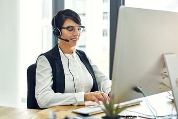 Woman, computer and happy as employee at call center with customer or client support and service....