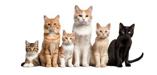 group of different breed of cats isolated on white background