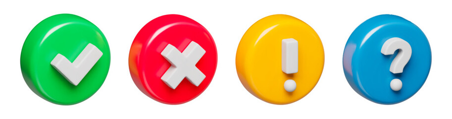 Acceptance, rejection, attention and question symbols glossy 3d realistic buttons. Right, wrong and exclamation check marks three-dimensional rendering vector illustration