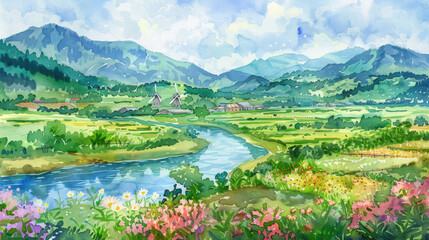 Fototapeta premium Watercolor painting depicting the beauty of a calm river winding through a green valley, flanked by traditional windmills and fields of blooming flowers