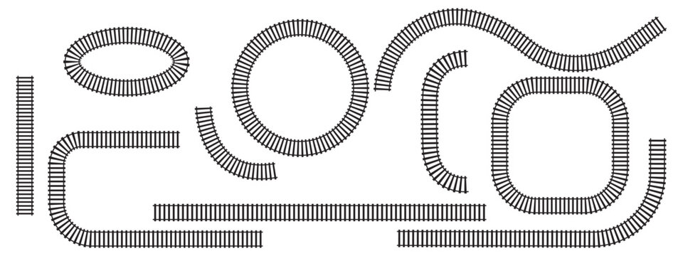 Set of railroad segments. Rail road elements top view. Train track straight and waved lines, circle and oval frames isolated on white background. Fence or stairs texture. Vector graphic illustration