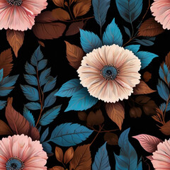 blue and pink seamless vector flowers with brown leaves pattern on black background