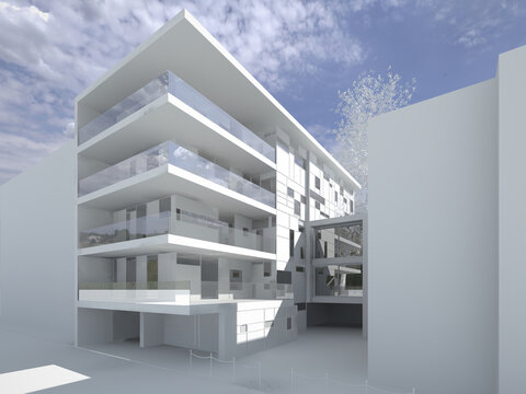 Modellazione e render 3D di edificio residenziale e modello bianco