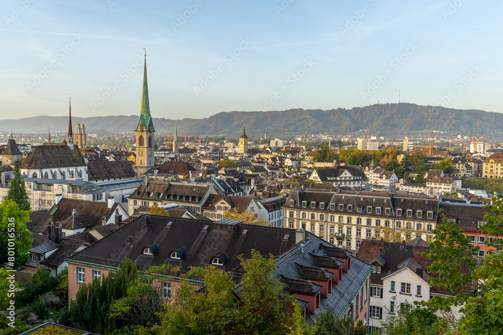 Wall mural panoramic view of zürich's old town, locally known as the 'altstadt,' nestled on both sides of the r