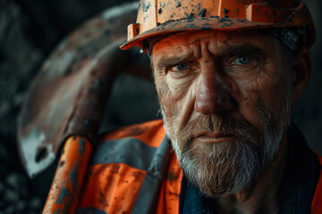 elderly male construction worker with a serious expression wearing a dirty orange safety helmet