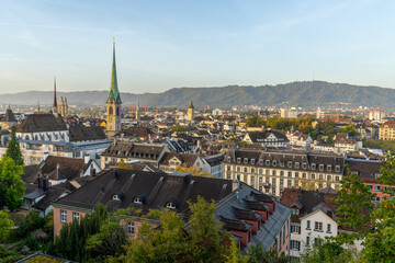 Panoramic view of Zürich's Old Town, locally known as the 'Altstadt,' nestled on both sides of the...