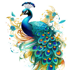 watercolor colorful paint peacock isolated on transparent white background,Generative Ai