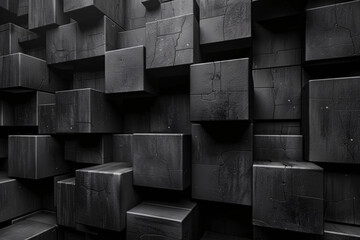 Black wooden cubes in an abstract geometric pattern