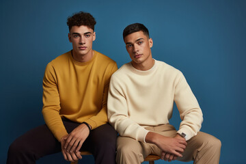 Fototapeta premium Two handsome male friends wearing sweaters