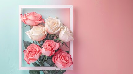 Artistic Mothers Day card template with a bouquet of roses in a white frame, set on a soothing pastel background with text space