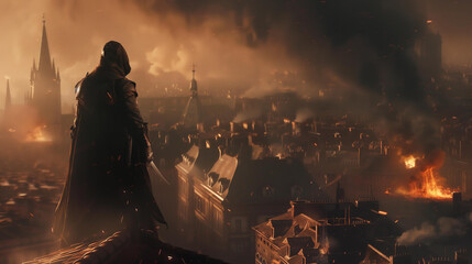 cinematic  assassin standing on the roof, overlooking burning medieval city in background, smoke and fire, fantasy 