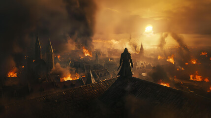 cinematic  assassin standing on the roof, overlooking burning medieval city in background, smoke and fire, fantasy 