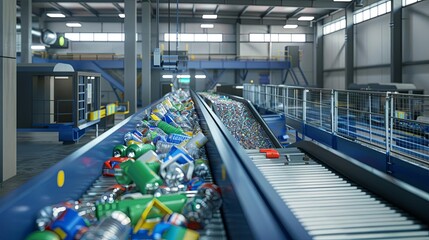 Recycling Technologies An advanced sorting facility processing multiple types of recyclables, 3d render illustrated, for presentation design - obrazy, fototapety, plakaty