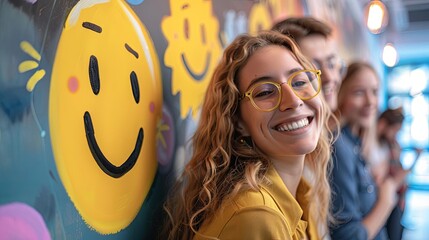 Scenario where a happiness index impacts workplace efficiency and employee satisfaction in a bustling corporate environment