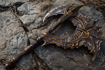 Mythical dragon-themed battle axe, its blade shaped like the fearsome creature's fang.