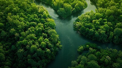 An aerial view of a lush green forest with a river running through it. The water is a deep blue...