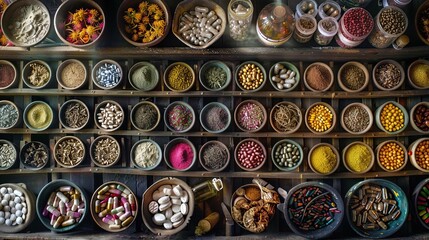 Vibrant medicinal assortment displayed in a technical, organized layout