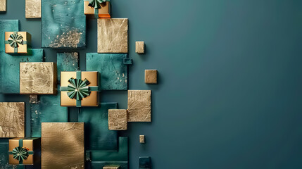 An abstract, shaped canvas showing shiny golden Christmas presents on a dark background, styled with color blocks in dark green and skyblue
