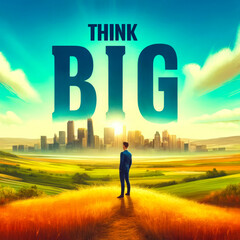 Aspirational scene with a man facing a city skyline under "THINK BIG" text, symbolizing expansive possibilities.