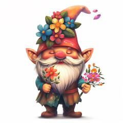 a drawing of dwarfs with flowers isolated on a white background. Cute Flower Gnome