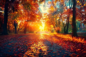 Fiery Autumn Sunrise on Park Pathway
