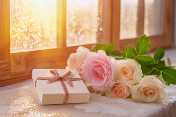 Obraz premium greeting card with roses in the background and a gift,