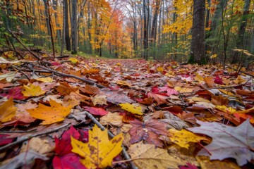 Fototapeta premium Foggy Autumn Trail Covered in Colorful Leaves