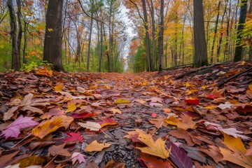 Foggy Autumn Trail Covered in Colorful Leaves
