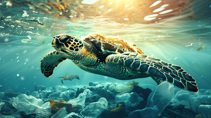 Obraz premium A sea turtle navigating through plastic pollution, highlighting environmental issues