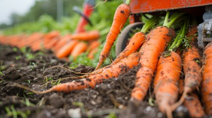 Some machines may include brushes, rollers, or air blowers to remove excess soil and debris from the harvested carrots. - obrazy, fototapety, plakaty