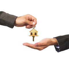 Man hand giving key to other person, Key in the shape of house, on transparent background