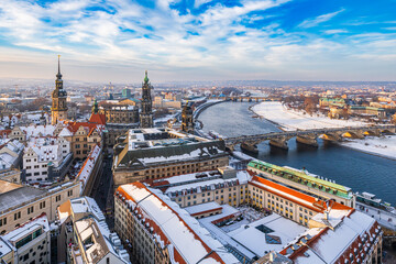 The Dresden and Augustus bridge over the Elbe river aerial cityscape on a cold winter day in late...