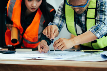 Engineer teams meeting working together wear worker helmets hardhat on construction site in modern city.Asian industry professional team..