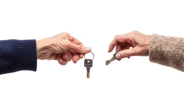 Old age woman giving key to young man, Key in the shape of house, giving responsibility, unique, real estate on transparent background