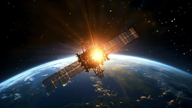 A satellite flying in space above the planet, illuminated by the bright glow of the stars, conducts an exploration of the Earth from space.