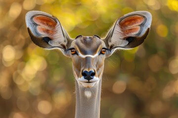 Attentive Kudu: Close-up Headshot of Alert Wild Antelope with Impressive Ears in Safari Environment - obrazy, fototapety, plakaty