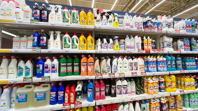 Moscow 20 January 2024, Household goods in a supermarket, cleaning products on stillages, household chemicals for the home in a store