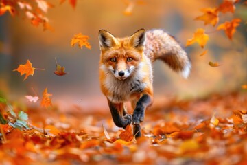 Red Fox Running in Autumn Leaves. Wildlife Scene with Vulpes Vulpes in Natural Habitat