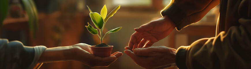 Close-up image showing two hands, one giving a young plant in a pot to another hand in the sunlight