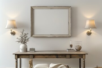 In a coastal-inspired study with crisp white walls, a single blank frame hangs above a vintage desk